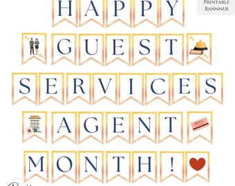 Banner imprimible del mes del agente de servicios al huésped, agentes hoteleros, relaciones con los huéspedes, decoración de oficina de agradecimiento, banderines, descarga instantánea, PDF