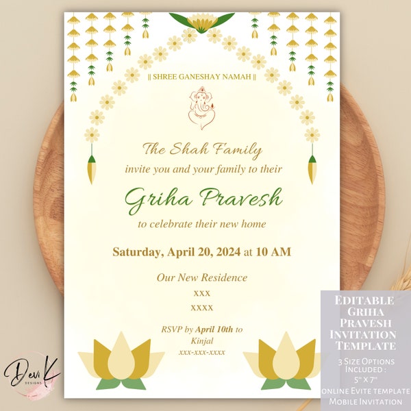 Griha Pravesh Invitation Template, Editable Gruha Pravesham Invitation, Vaastu Pooja, Indian Housewarming Pooja Invite, Evite Mobile
