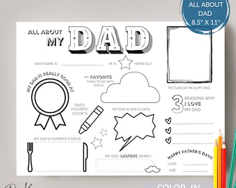 All About My Dad Printable Page for Father's Day, Printable Gift from Kids, Perfect Father's Day Activity, Craft & Keepsake, Coloring Page