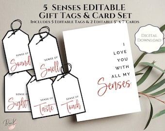 Etiquetas y tarjetas de regalo imprimibles editables con los 5 sentidos, regalo para su cumpleaños, regalo para su cumpleaños, regalo de aniversario, regalo de San Valentín.