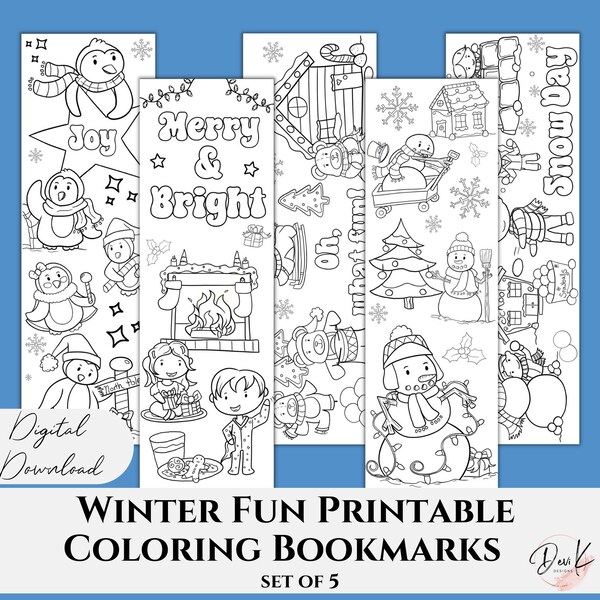 Printable Winter Fun Kids Color In Bookmarks, Winter Children Color Activity, Set of 5, Winter Break Activities, Classroom Party, Favor PDF