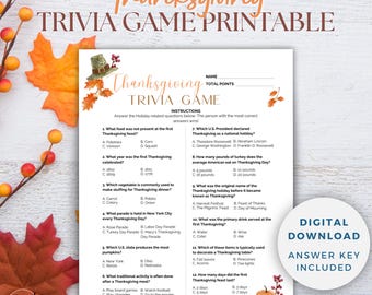 May include: A printable Thanksgiving trivia game with a festive autumnal design. The game features questions about the history of Thanksgiving, traditional foods, and holiday customs. The answer key is included.