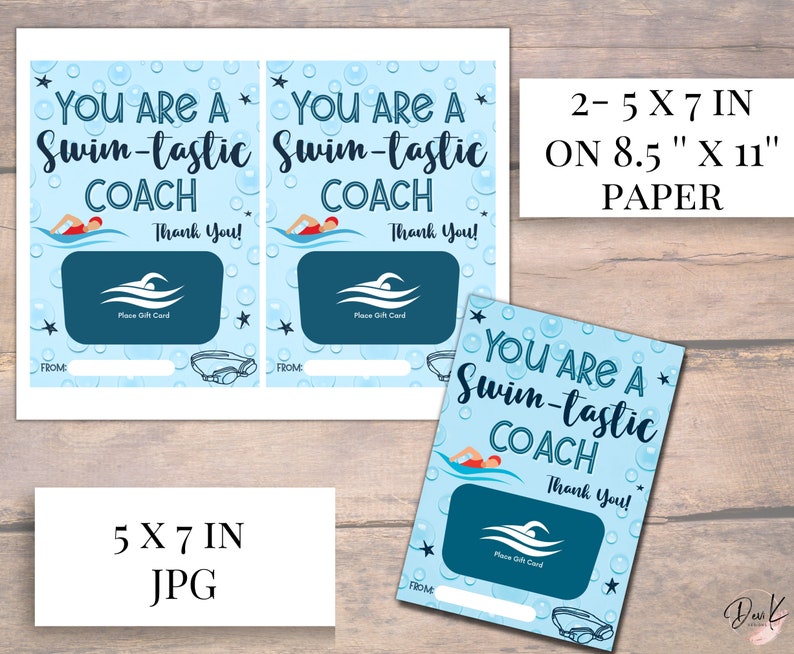 May include: Light blue gift card with the text "You Are A Swim-tastic Coach Thank You!". The card features a swimmer graphic, a space for a gift card, and the text "Place Gift Card". The card is 12.7 x 17.8 cm.