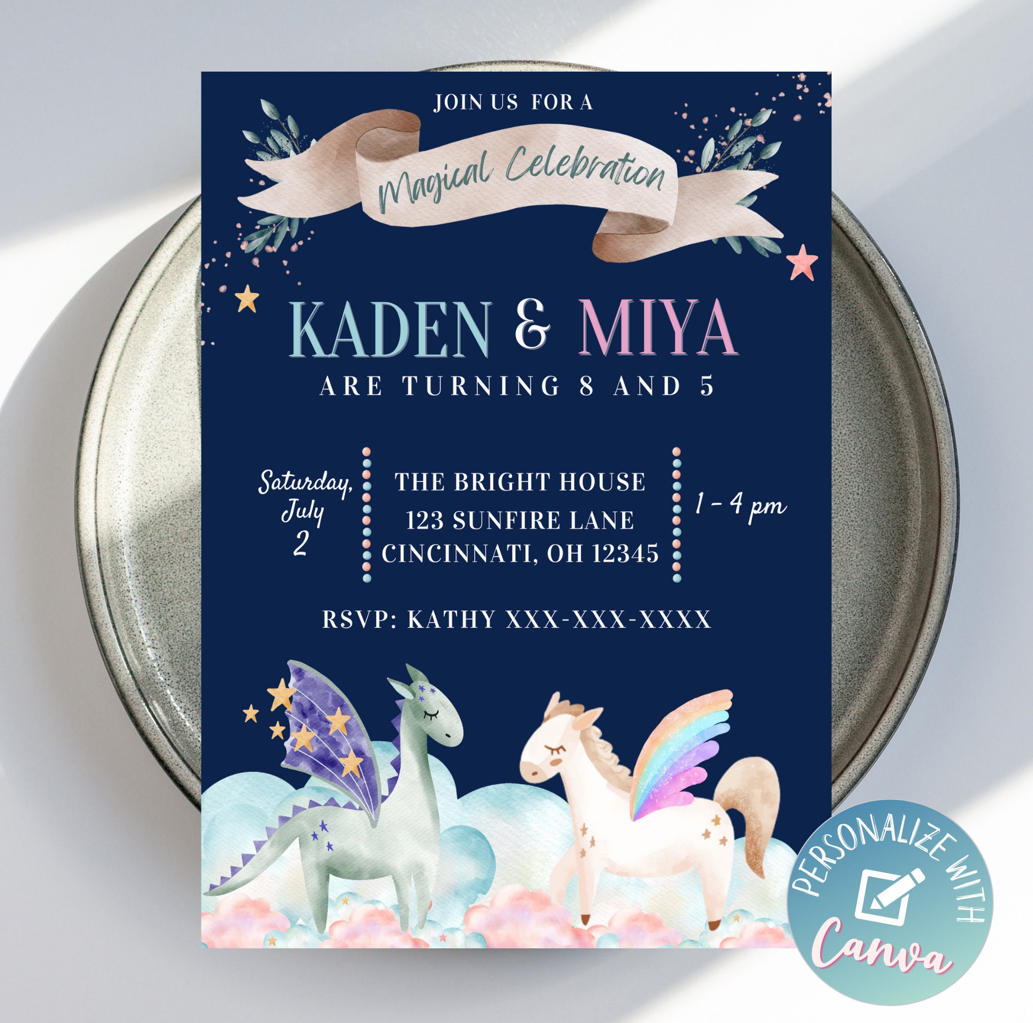 Dragon and Pegasus Birthday Invitation, Editable Pegasus Party Invite Template, Dragon Party, Twins, Sibling Birthday,  Instant Download