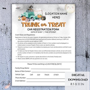 Editable Trunk or Treat Car Registration Form Template, Printable Flyer, PTA PTO, School Halloween, Trunk or Treat, Vehicle Sign Up Form