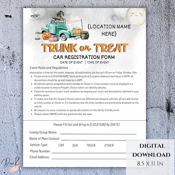 Editable Trunk or Treat Car Registration Form Template, Printable Flyer, PTA PTO, School Halloween, Trunk or Treat, Vehicle Sign Up Form
