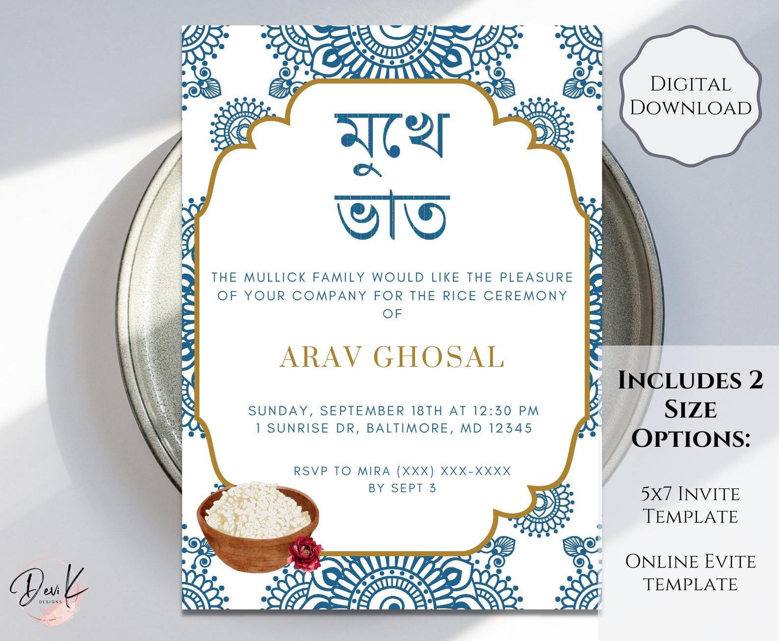 Mukhe Bhat Annaprashan Invitation Template, First Rice Ceremony, Blue ...