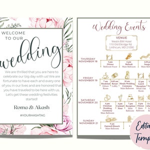 Peut inclure: Une invitation de mariage avec un motif floral. L'invitation comprend le texte "Bienvenue à notre mariage" et les noms "Roma & Akash". L'invitation comprend également un programme d'événements de mariage, notamment un dîner, un mehndi, un sangeet, un petit-déjeuner, un baraat, une cérémonie de mariage hindoue, un déjeuner, un vidai, une cérémonie de mariage chrétienne, un cocktail, une réception, un dîner et une soirée.