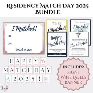Paquete del día de la residencia 2025, letreros editables e imprimibles con la frase &quot;I MATCHED&quot;, etiquetas de vino para el día de la residencia, pancarta para el día de la residencia, decoración para fiestas de residencia