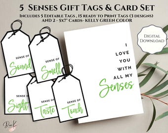 Etiquetas y tarjetas de regalo "5 Senses", color verde Kelly, etiquetas editables e imprimibles, regalo para cumpleaños, aniversario y San Valentín.