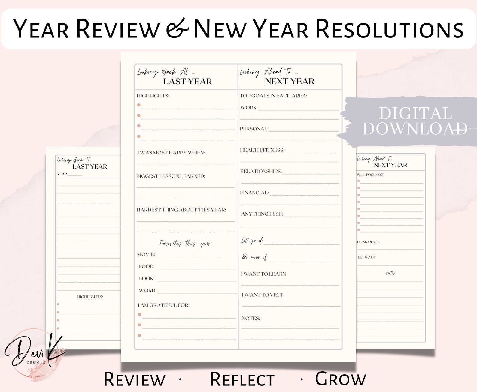 2023 2024 Year End Review Planner, New Years Resolutions, Year in