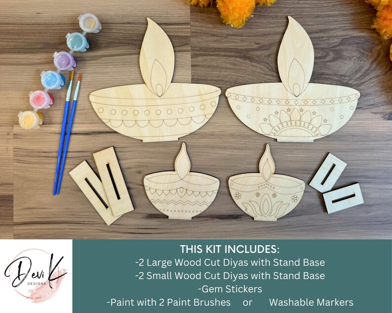 Pu&ograve; includere: Un kit fai-da-te per realizzare diyas, lampade a olio indiane tradizionali, per Diwali. Il kit include due diyas di legno grandi e due piccoli con basi di supporto, adesivi di gemme, vernice e pennelli. Questo kit include tutto ci&ograve; di cui hai bisogno per creare i tuoi diyas bellissimi.