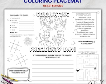 Presidents' Day Coloring Placemat Printable for Kids, Classroom Game, Homeschool Presidents Day, US President Activity for Kids, Letter Size