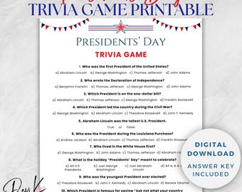 Juego de trivia imprimible del Día de los Presidentes, juego para el aula, Día de los Presidentes para la educación en casa, actividad del presidente de EE. UU. para niños y adultos