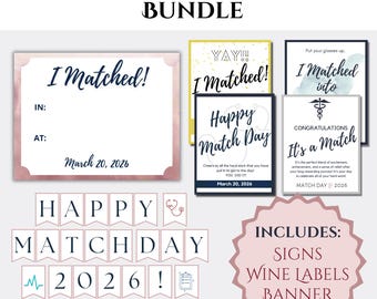 Residency Match Day 2026 Bundle, "I MATCHED" Editable Printable Signs, Match Day Wine Labels, Match Day Banner, Residency Party Decor