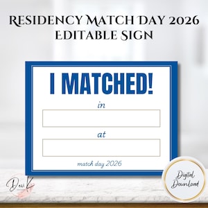 Bewerkbare Residency Match Day Signs 2026-sjabloon "I MATCHED" afdrukbaar Match Day-feestdecor