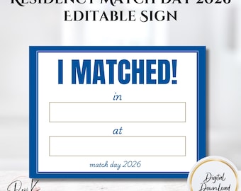 Bearbeitbare Residency Match Day Signs 2026 Vorlage "I MATCHED" Printable Match Day Party Decor