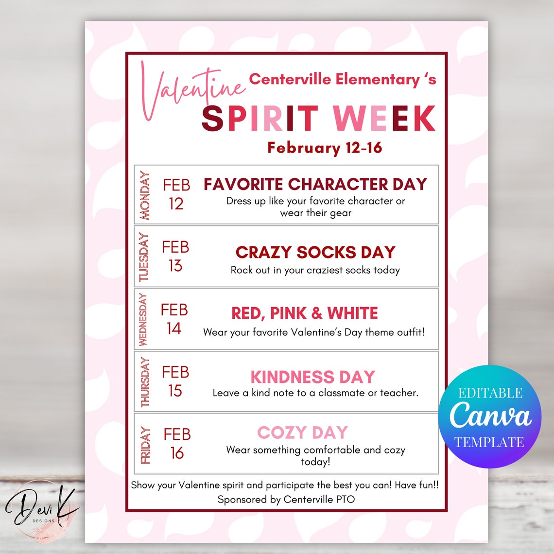 Library Spirit Week Valentine Spirit Week Flyer Template, Editable, Printable, Februrary ...