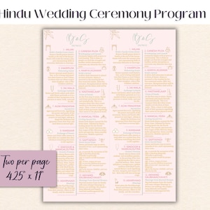 May include: A pink Hindu Wedding Ceremony Program with text and floral accents. The program includes a list of events and is labeled "Two per page 4.25" x 11". The title "Hindu Wedding Ceremony Program" is at the top.