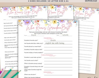 Juego imprimible "¿Quién conoce mejor a la abuela?", Cuestionario para la abuela Nana Gigi Mimi, Juego para el Día de la Madre, Actividad para fiestas familiares