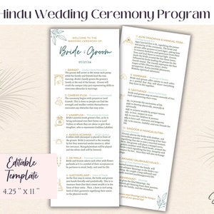 Modello modificabile per programma di cerimonia di matrimonio indù, fronte-retro, 4,25x11'', cerimonia di matrimonio indiana, matrimonio gujarati, stampa 2 su 1 pagina