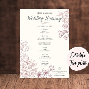 May include: A wedding itinerary template with a floral design in shades of pink and gray. The text reads "Roma & Akash's Wedding Itinerary" and lists the events for November 20, 2021, including the Baraat, Wedding Ceremony, Lunch, Vidai, Cocktails, and Party Time.