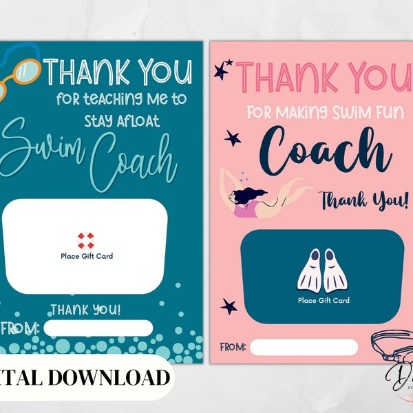 Swim Coach Gift Card Holder, Swim Teacher Gift, Swim Instructor Gift, Teacher Appreciation, Digital Download, Thank You Card, Printable