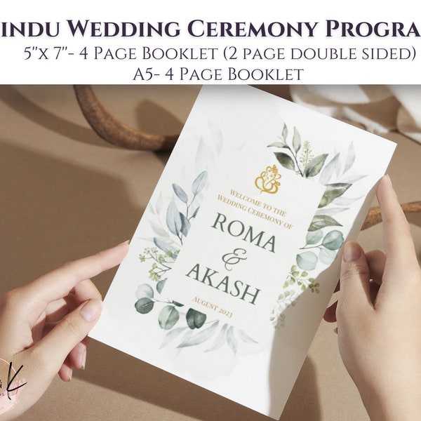 Editable Hindu Wedding Ceremony Program Guide Template, Indian Wedding Program, Gujarati Wedding Guide, Hindu Infographic, Greenery