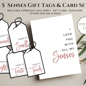 Juego de etiquetas y tarjetas de regalo con los cinco sentidos impresos, regalo para su cumpleaños, regalo para su cumpleaños, regalo de aniversario, para mamá, regalo de San Valentín