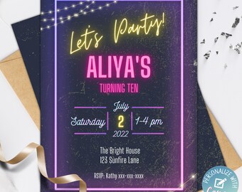 Let's Party, Birthday Invitation, Editable Party Invite, Let's Glow Party, Children Party, Instant Download