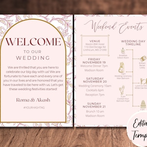Pode incluir: Um modelo de convite de casamento com um design floral rosa e dourado. O convite inclui o texto "Bem-vindos ao nosso casamento" e uma linha do tempo de eventos. O modelo é editável.