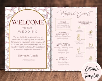 EDITABLE Magenta Floral Wedding Itinerary, Wedding Timeline Template, Instant Download, Timeline Printable, Elegant Wedding Schedule