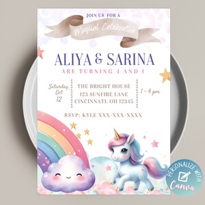 Rainbow Unicorn Birthday Invitation, Editable Unicorn Party Invite Template, Rainbow Party, Twins, Sibling Birthday, Digital Download,