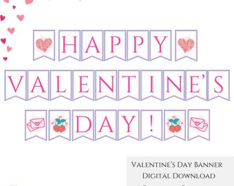 Happy Valentine's Day Printable Banner, Vday Banner, Printable Valentine's Day Party Banner, Bunting for Valentines Day Decoration