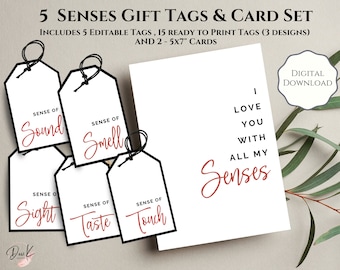 5 Senses Gift Tags and Cards, Editable Tags, Printable, Gift for His Birthday, Gift for Her Birthday, Anniversary Gift, Valentine's Day Gift