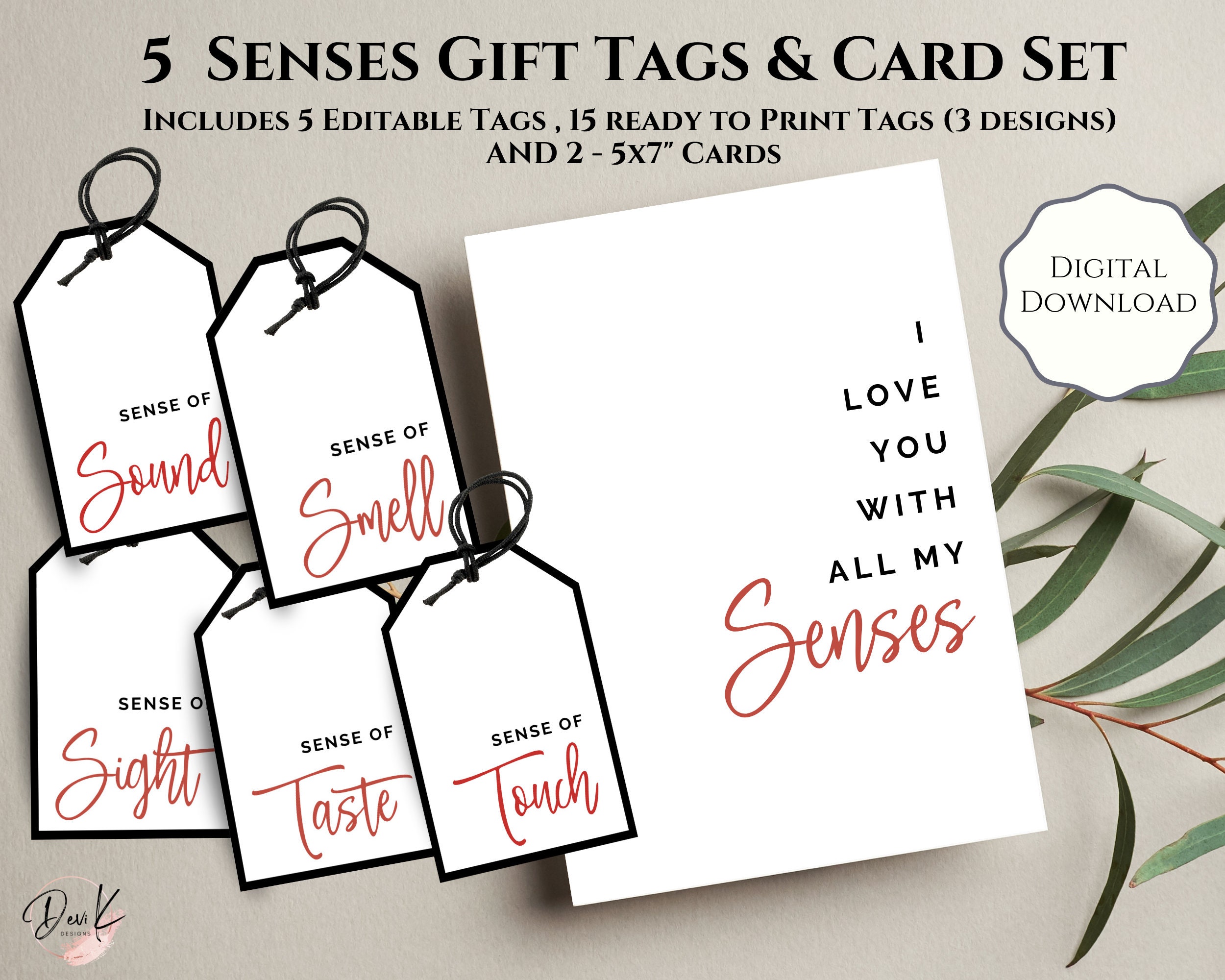 5 SENSES GIFT Tags Gift for Her Gift for Him Anniversary Birthday Printable  Gift Tag Gifts for Him Valentines Day Gift Love 