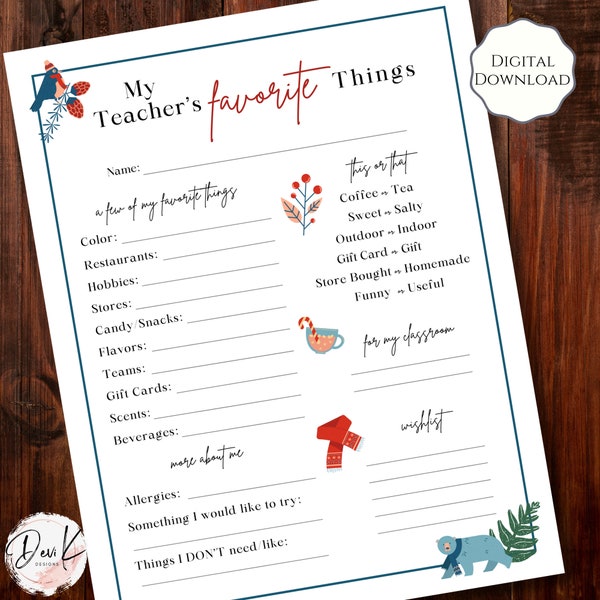 Teachers Favorite Things, Teachers Printable Gift Wish List, Teacher Questionnaire, Teacher Holiday Gift Ideas, Printable PDF