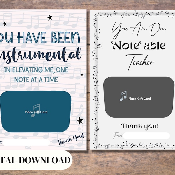 Music Teacher Appreciation Gift Card Holder, Note-able Teacher, Digital Download, Thank You Card, Printable