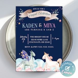 Dragon and Unicorn Birthday Invitation, Editable  Unicorn Party Invite Template, Dragon Party, Twins Birthday, Instant Download