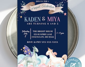 Dragon and Unicorn Birthday Invitation, Editable  Unicorn Party Invite Template, Dragon Party, Twins Birthday, Instant Download