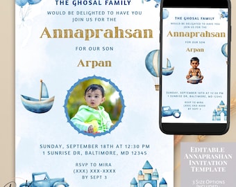 Plantilla de invitación a la primera ceremonia del arroz / Blue Boy Annaprashan / Invitación fotográfica / Pasni Annaprasan Evite Descargar