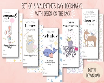 Printable Kids Valentines Day Bookmarks, Double-Sided, Set of 5, Classroom Valentines, Instant Download