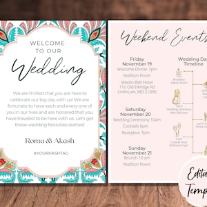 Peut inclure: Une invitation de mariage avec un motif floral turquoise et rose. L'invitation comprend les noms du couple, Roma & Akash, et le hashtag #YOURHASHTAG. L'invitation comprend également un programme des événements du week-end, notamment un dîner de bienvenue, une cérémonie de mariage, des cocktails, une réception et un brunch.