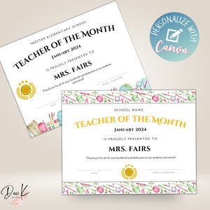 Teacher of the Month Award Certificate, Editable Template, Teacher ...