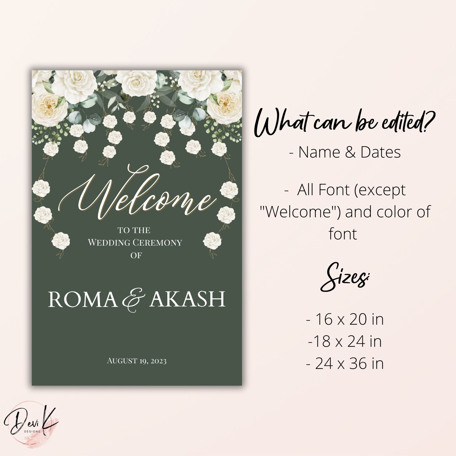 Forest Green White Floral Drape Welcome Sign, Wedding Sign ...