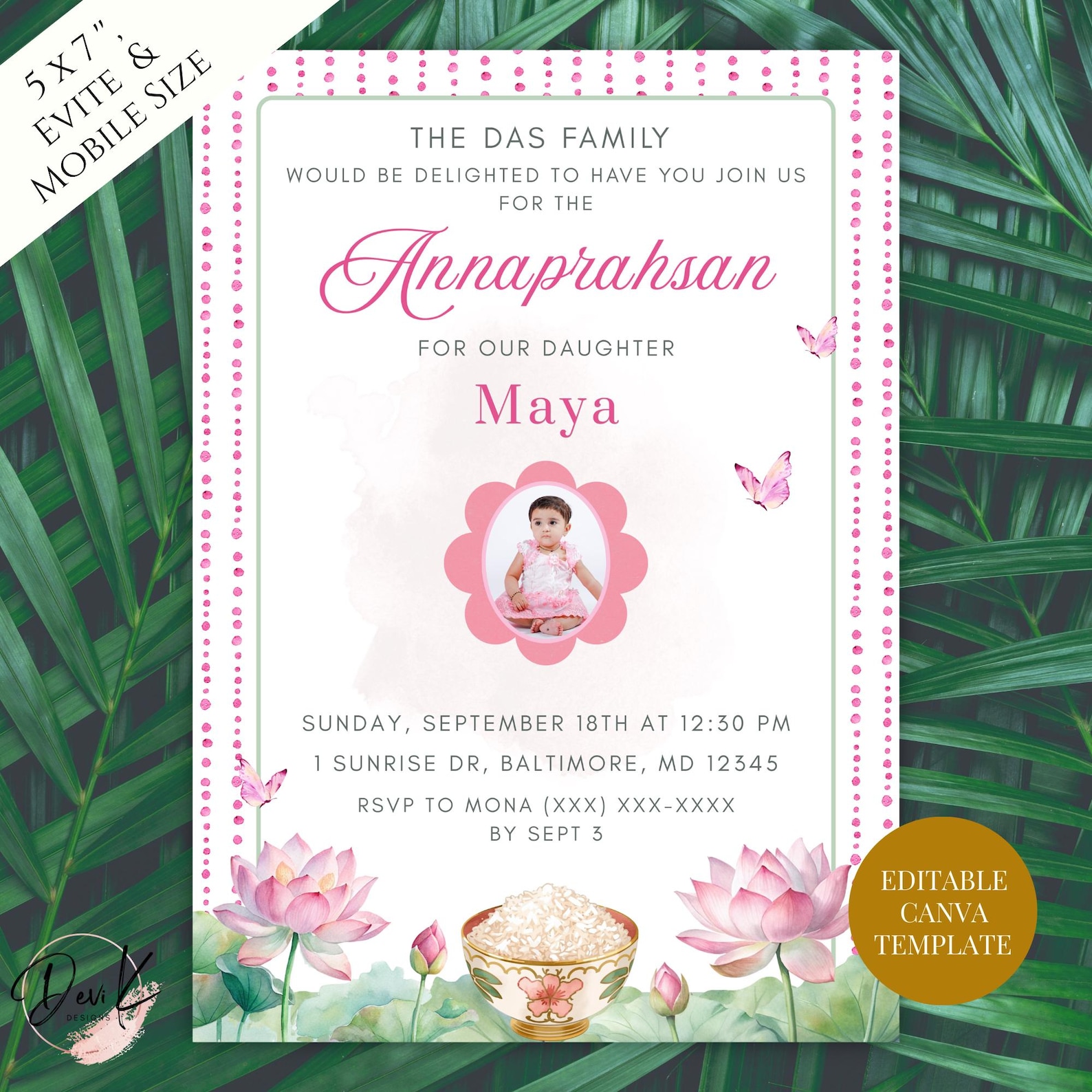 First Rice Ceremony Invitation Template | Pink Butterfly Lotus ...