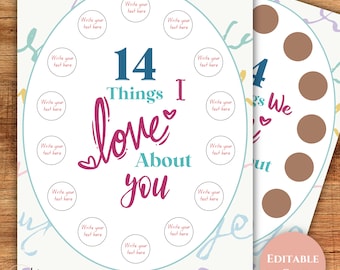 14 Days of Love Printable Scratch Off, Editable, Valentine's Day Gift, 14 Things I or We Love About You, Love Notes, Gift for Her, Kids, Him