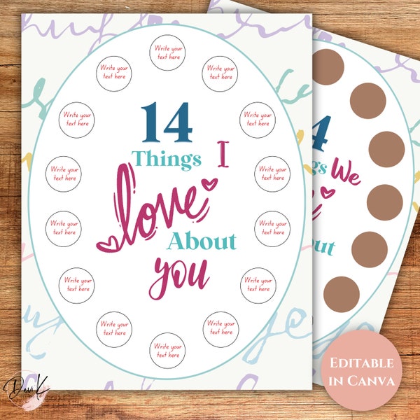 14 Days of Love Printable Scratch Off, Editable, Valentine's Day Gift, 14 Things I or We Love About You, Love Notes, Gift for Her, Kids, Him