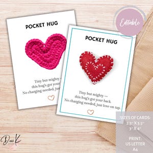 Editable Pocket Hug Printable Cards, Pocket Hugs, Knit Crochet Card, Resin, Pocket Hug Heart Poem Card, Pocket Hug Backing Card, PDF