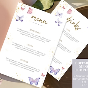 Editable Butterfly Menu Template, Drink menu, Baby Shower, Bridal Shower, Birthday, Pink Purple Gold, Brunch Lunch Dinner Menu Printable